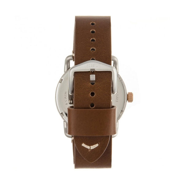 Caseback view of Fossil Commuter watch with light brown leather strap