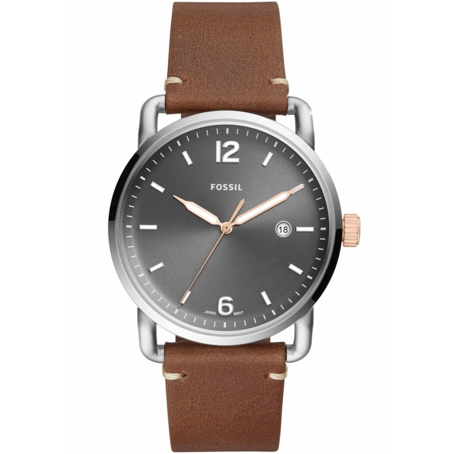Fossil Commuter three-hand watch with dark grey dial and light brown leather strap