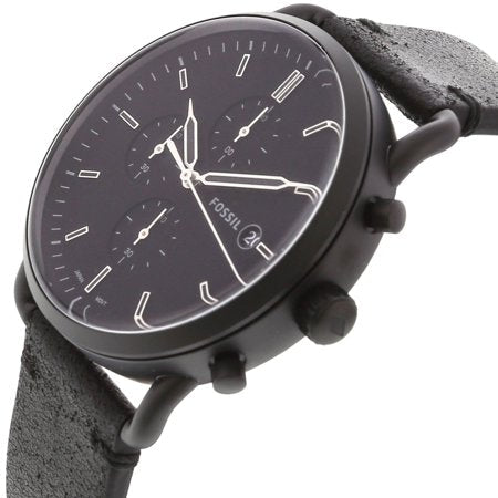 Fossil Commuter FS5504 chronograph watch angled view showing black dial and case with leather strap