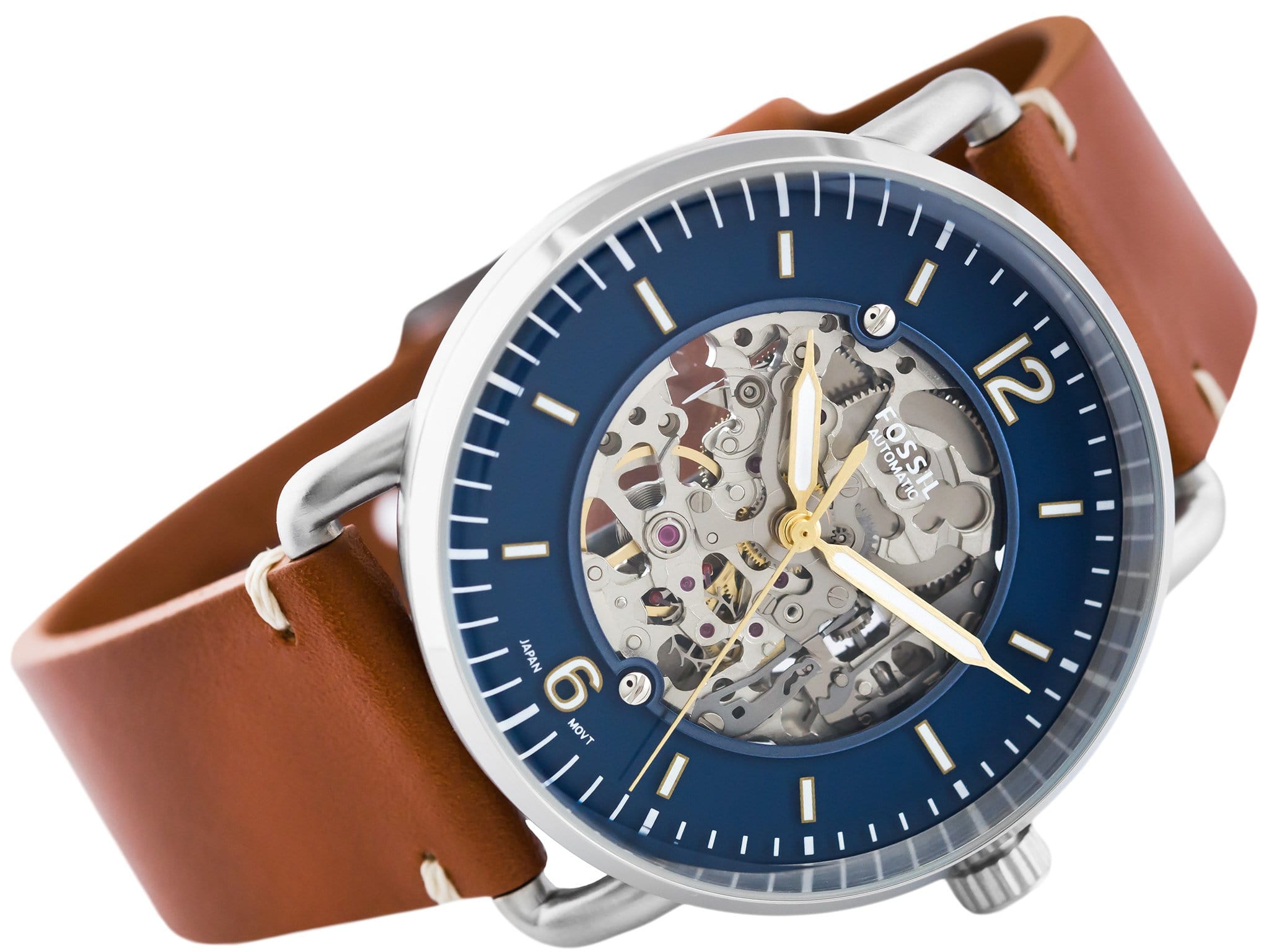 Fossil Commuter ME3159 skeleton automatic watch on cognac leather strap, side angle view
