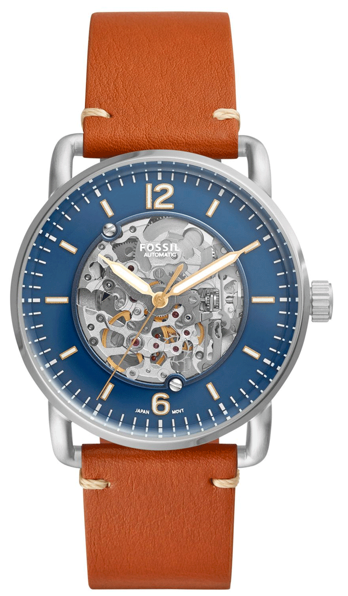 Fossil Commuter ME3159 automatic men's watch with blue dial and cognac leather strap