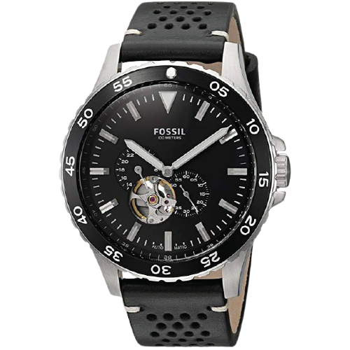 Fossil Crewmaster Sports automatic watch with black dial, silver case, and black leather strap