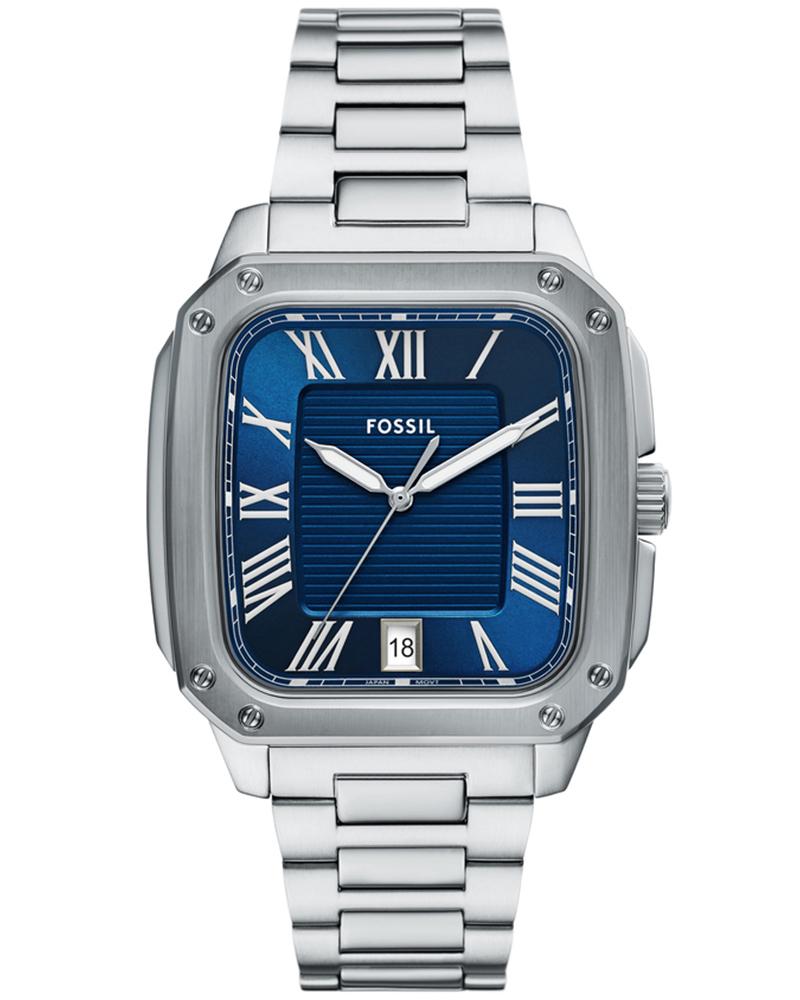 Fossil Crosby FS6121 stainless steel watch with blue dial, Roman numeral indices, and date window