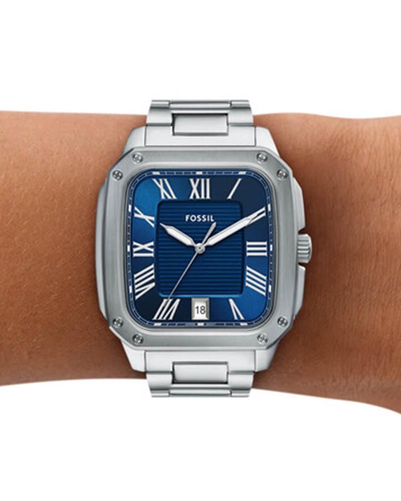 Fossil Crosby FS6121 watch on wrist with blue dial and stainless steel bracelet