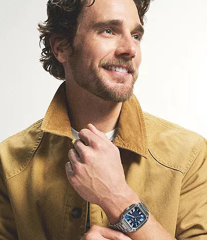 Model wearing Fossil Crosby FS6121 stainless steel watch on wrist
