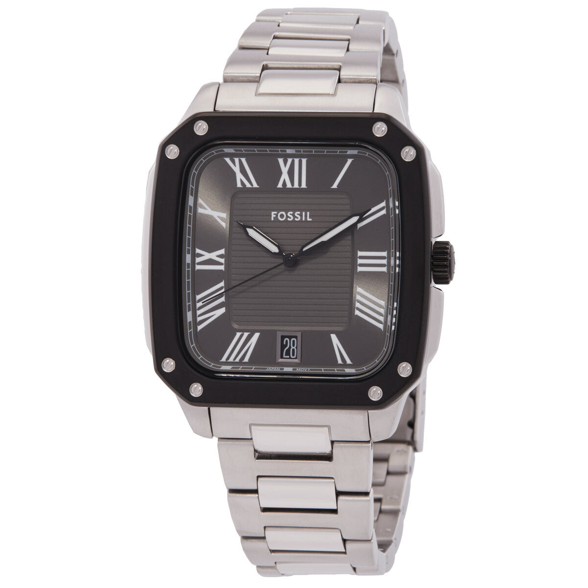 Fossil Crosby FS6122 angled view showing grey dial, black case, and steel bracelet