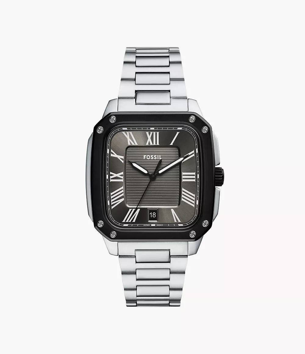 Fossil Crosby FS6122 men's watch with grey dial, black bezel, Roman numerals, and steel bracelet