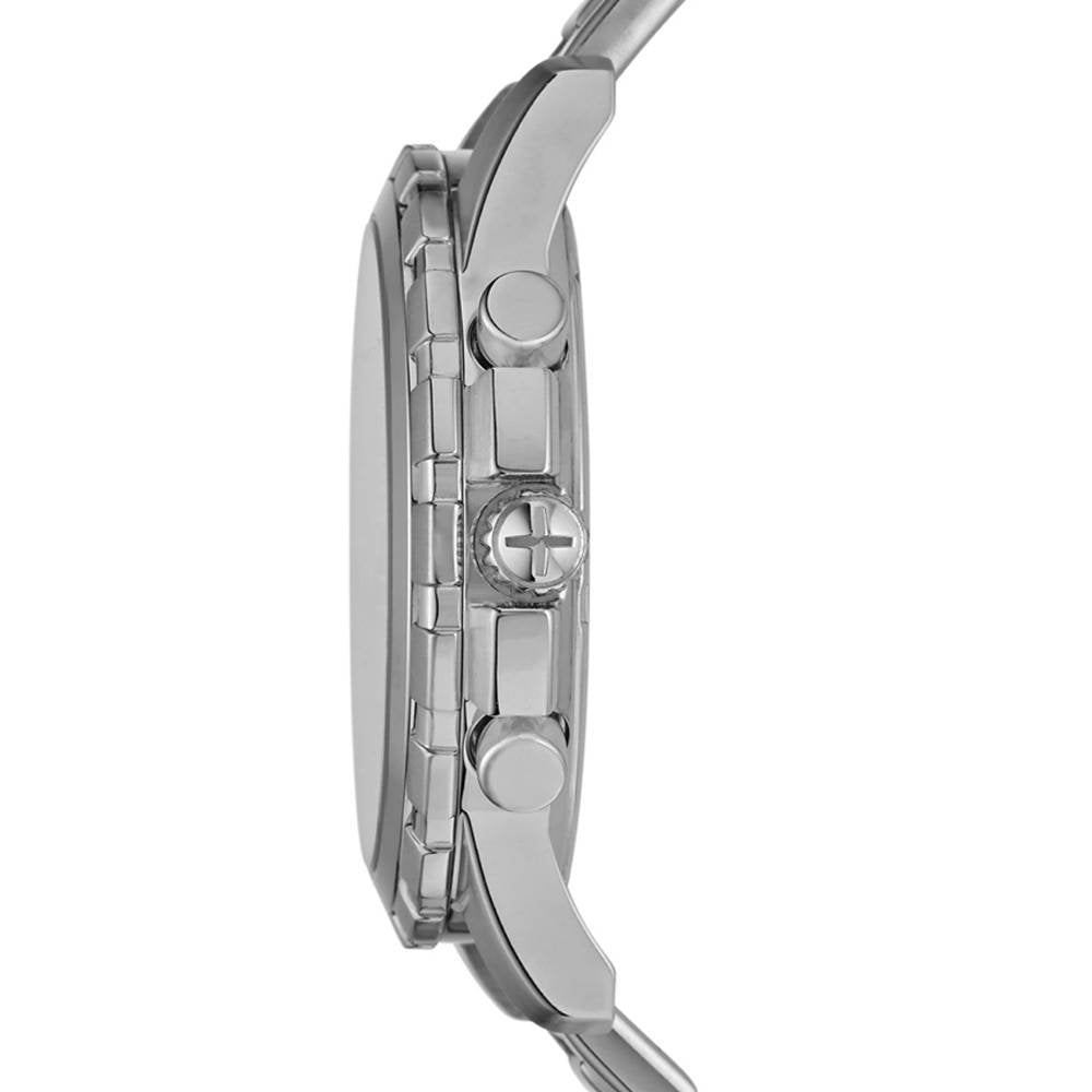 Side profile view of Fossil Dean chronograph watch showing stainless steel case and bracelet