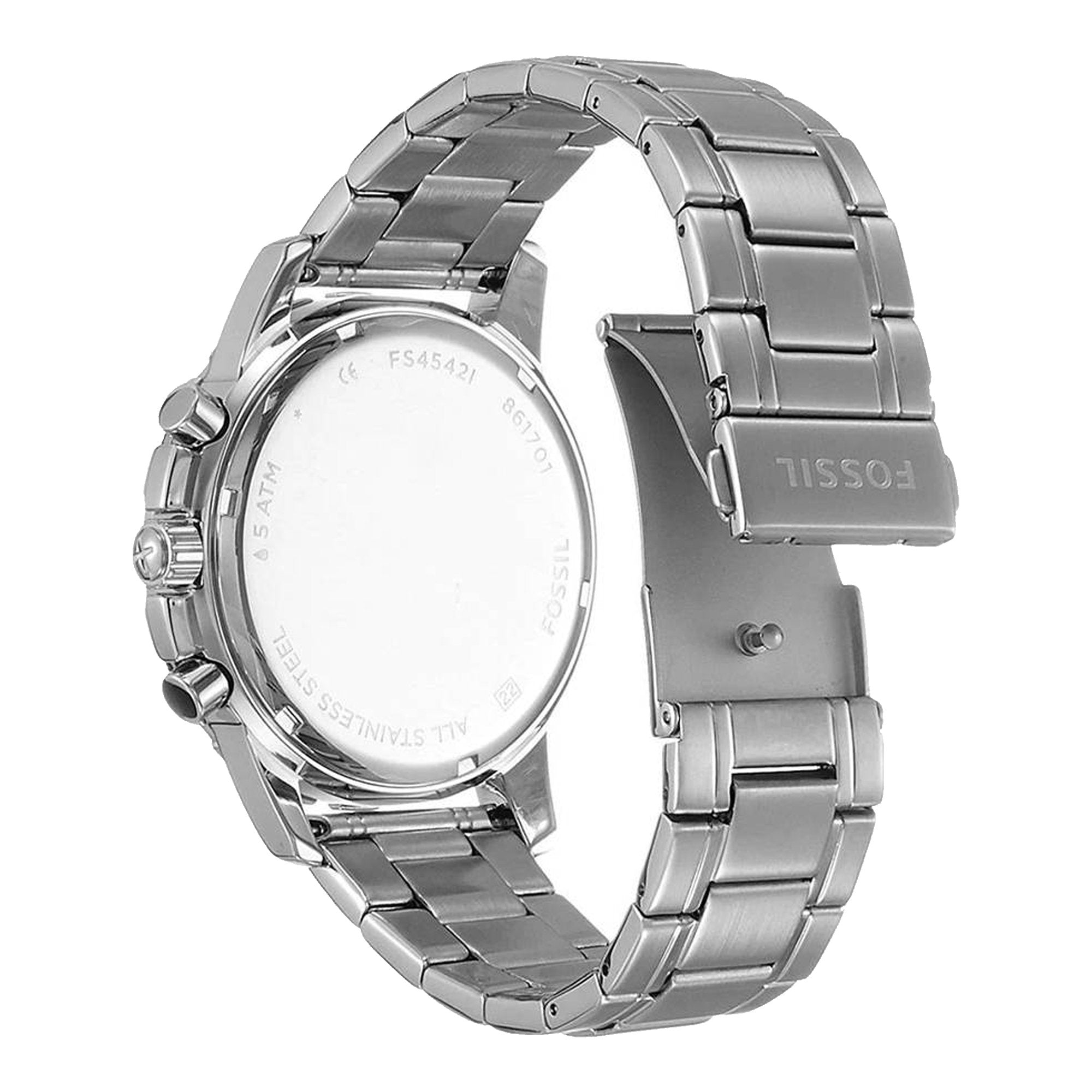 Caseback view of Fossil Dean chronograph watch showing case and bracelet structure
