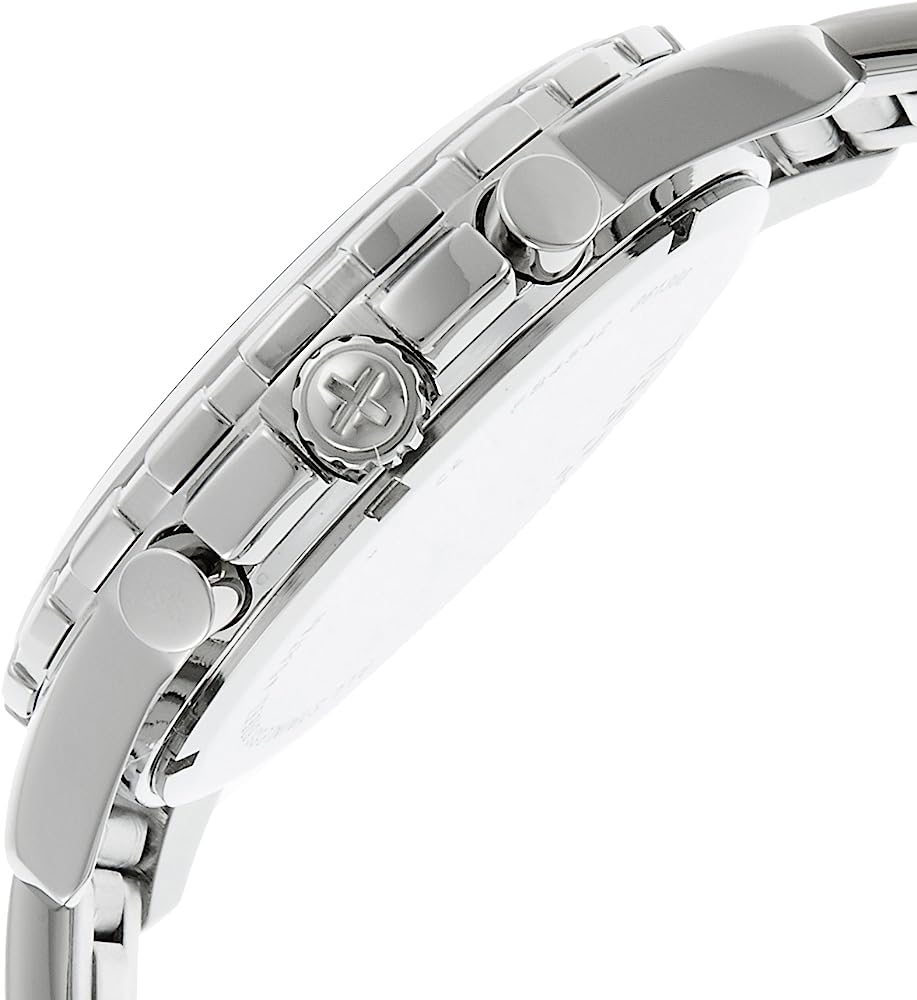 Angled side view of Fossil Dean chronograph displaying case profile and stainless steel bracelet