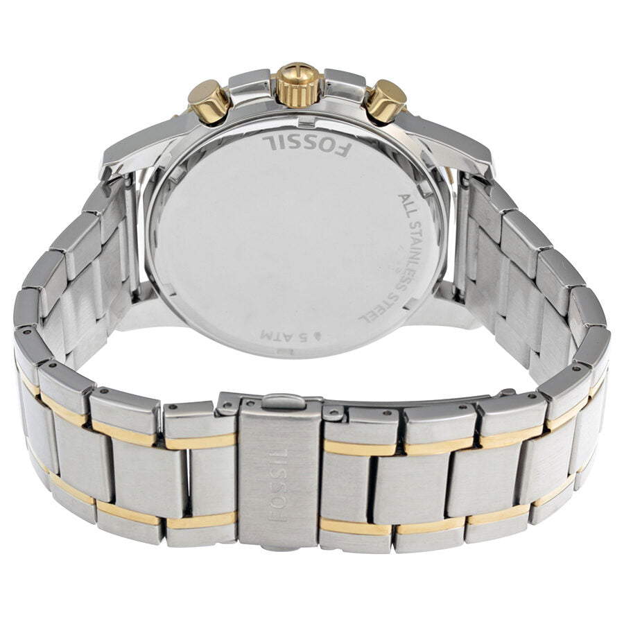 Fossil Dean watch caseback showing two-tone steel and gold bracelet construction