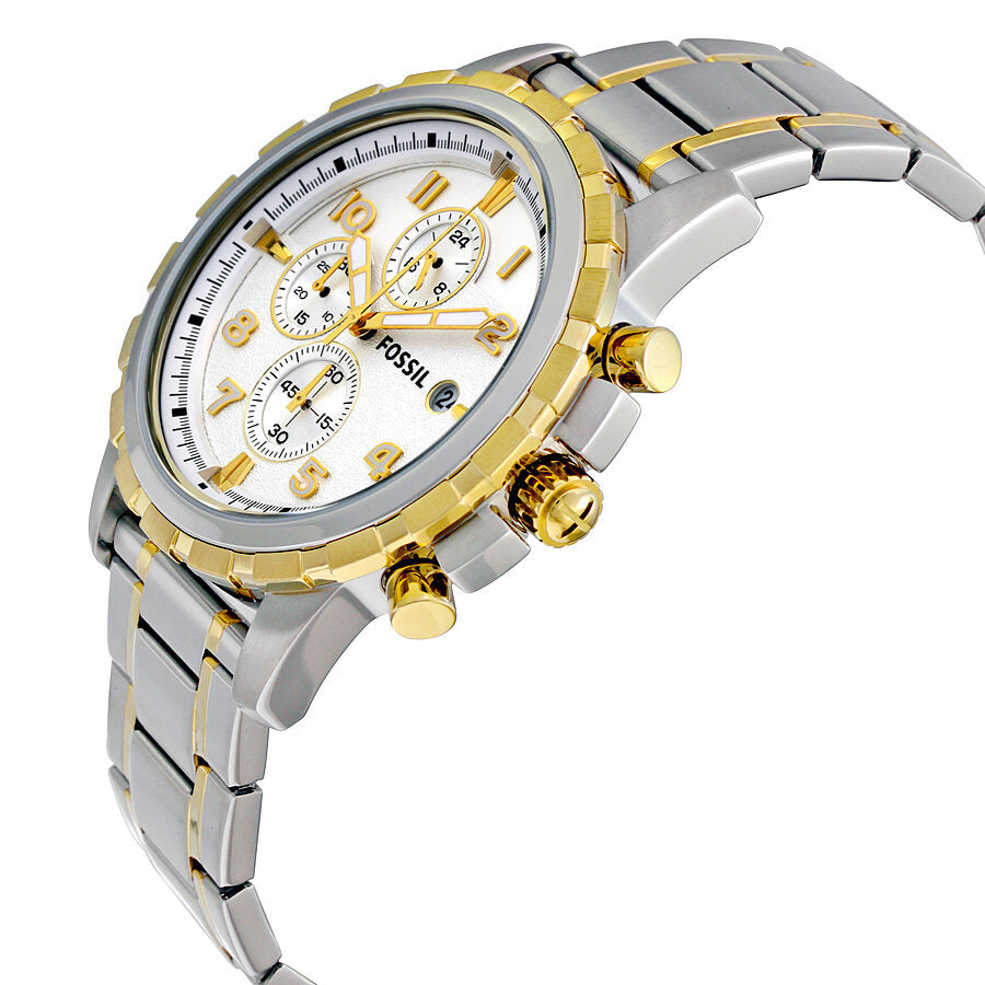 Fossil Dean men's chronograph watch angled view showing two-tone case and dial detail