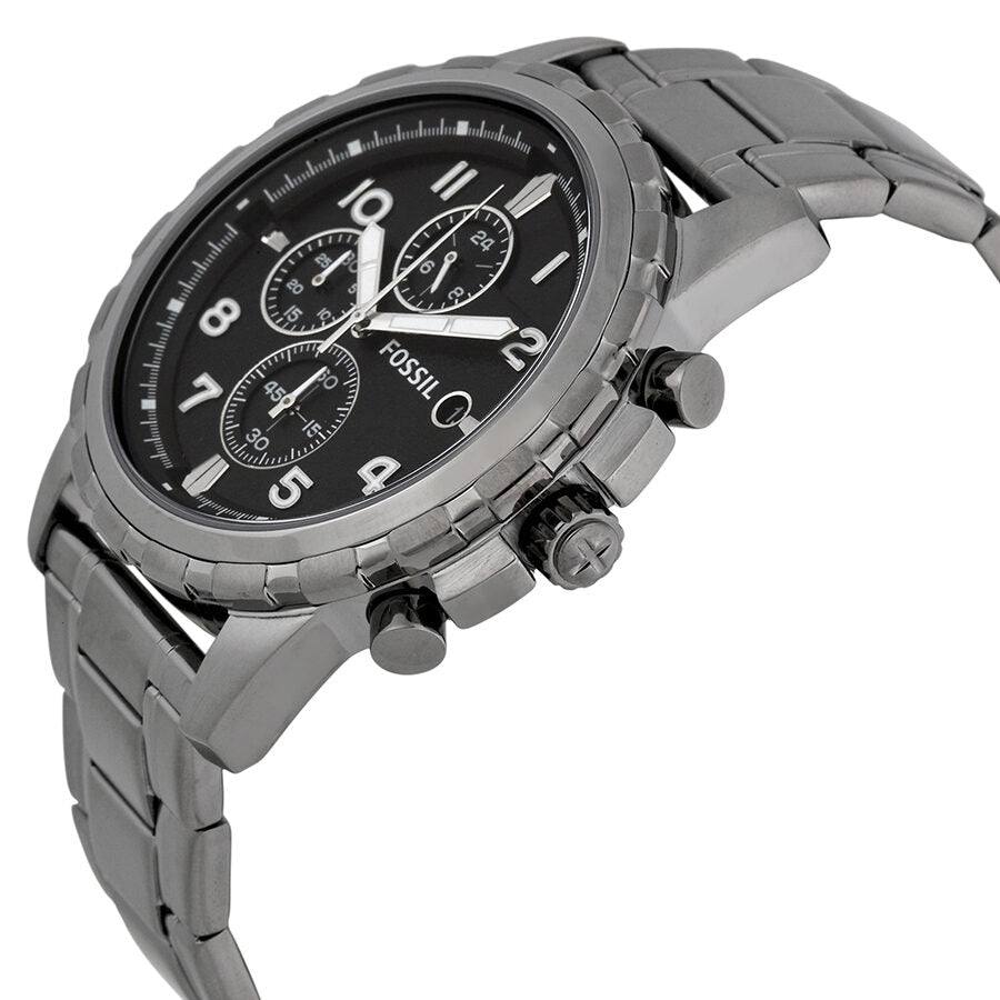 Angled view of Fossil Dean chronograph watch showing black dial, case, and stainless steel bracelet