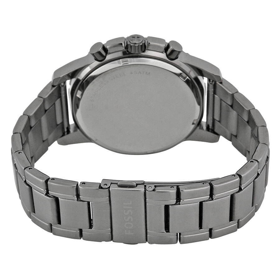 Caseback view of Fossil Dean chronograph watch showing stainless steel bracelet and case back