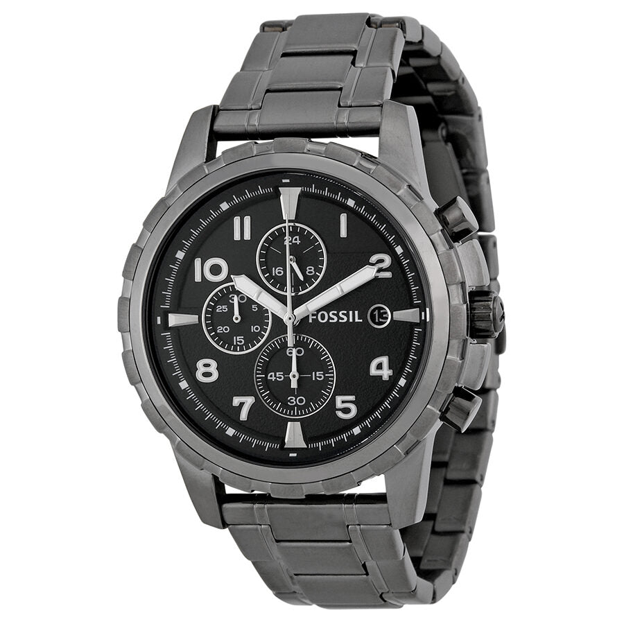 Fossil Dean chronograph watch with black dial, stainless steel case, and three subdials