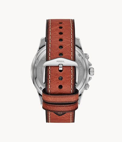 Fossil Dillinger watch case back and brown leather strap with stitching