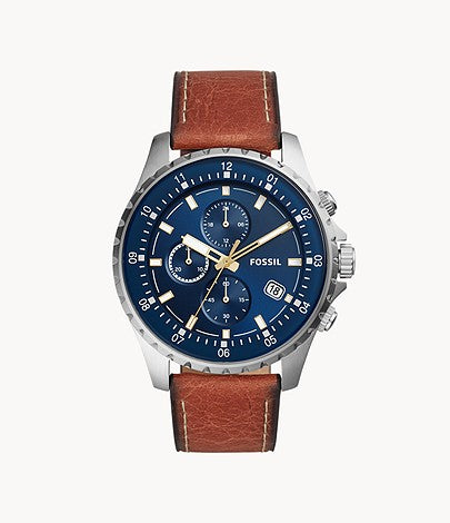 Fossil Dillinger chronograph watch with blue dial, silver case, and brown leather strap