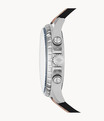 Side profile of Fossil Dillinger watch showing chronograph pushers and case thickness