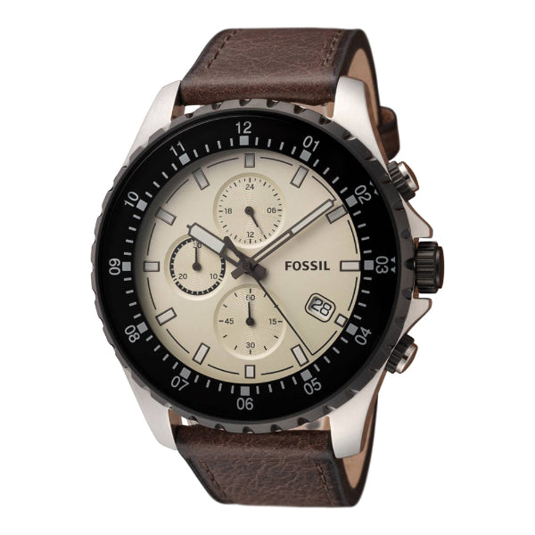 Fossil Dillinger chronograph watch angled view showing cream dial and leather strap