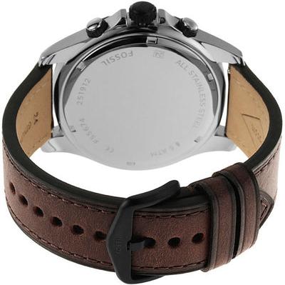 Fossil Dillinger watch caseback showing stainless steel back with engraved text and brown leather strap