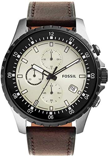 Fossil Dillinger chronograph watch with cream dial, black bezel, and brown leather strap