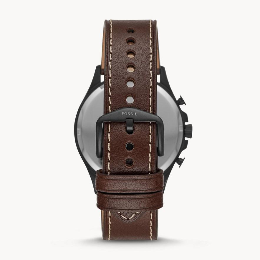 Fossil Dillinger brown leather strap with contrasting stitching and black buckle, rear view