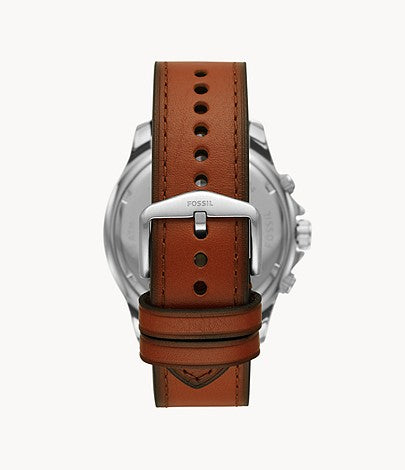 Caseback view of Fossil Dillinger watch showing brown leather strap with adjustment holes and buckle