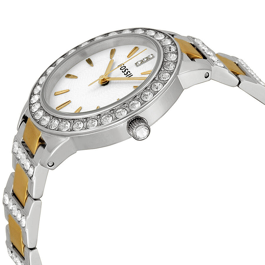 Fossil ES2409 side view showing two-tone stainless steel and gold-tone bracelet with crystals