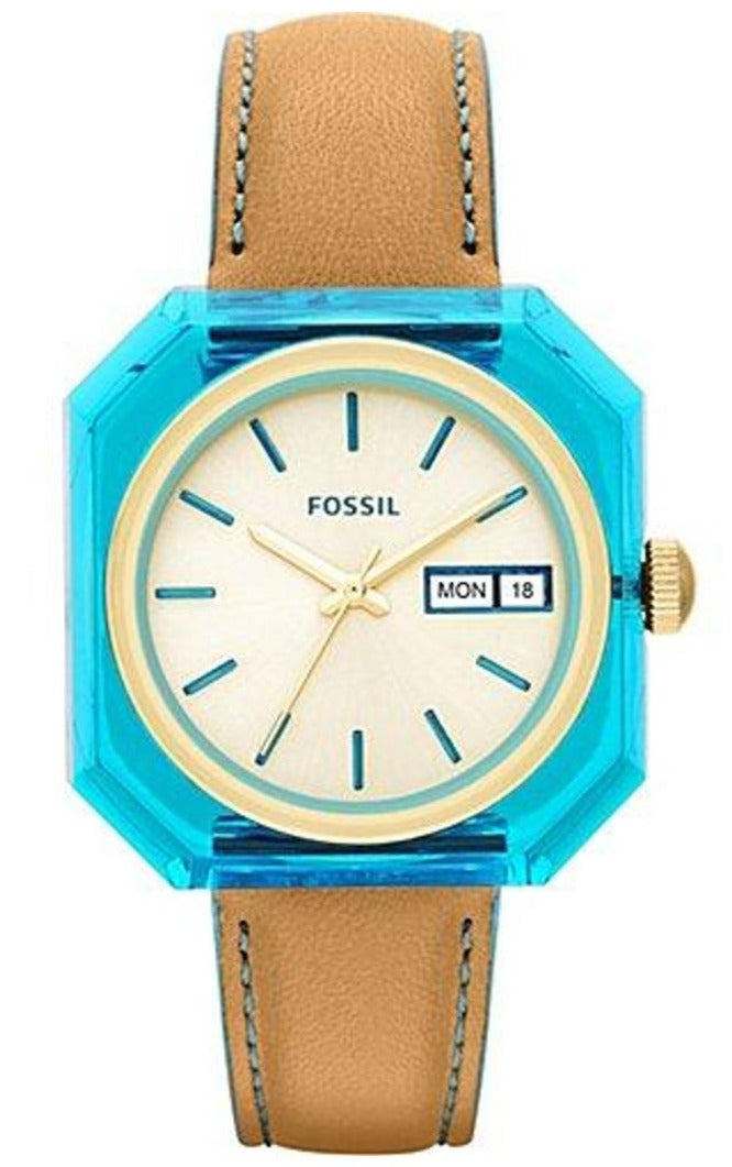 Fossil ES3536 watch with turquoise case, candy white dial, and brown leather strap