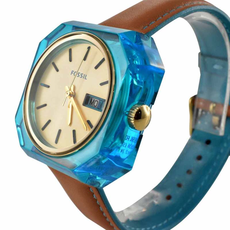 Fossil ES3536 watch at angle showing turquoise case and brown leather strap