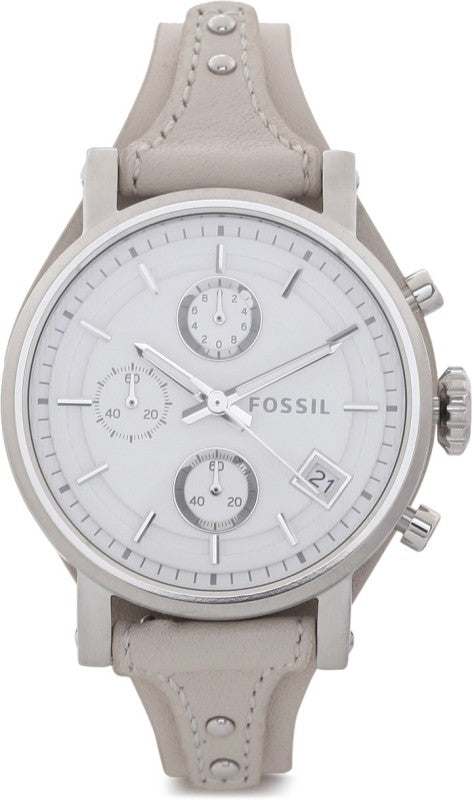 Fossil ES3811 Original Boyfriend Chronograph watch with silver dial and taupe leather strap