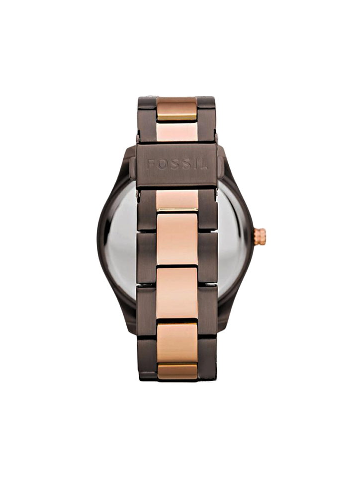 Caseback view of Fossil ES4079 chronograph watch showing two-tone brown steel band