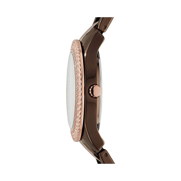 Side view of Fossil ES4079 watch showing two-tone brown steel case and bracelet profile
