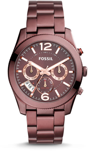 Fossil Perfect Boyfriend ES4110 multifunction watch with maroon dial and steel bracelet