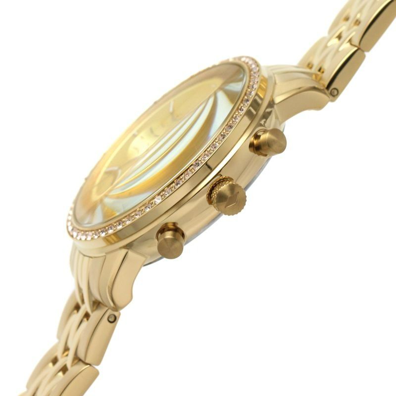 Fossil Neutra women's chronograph watch angled view showing gold steel strap and case with crystals