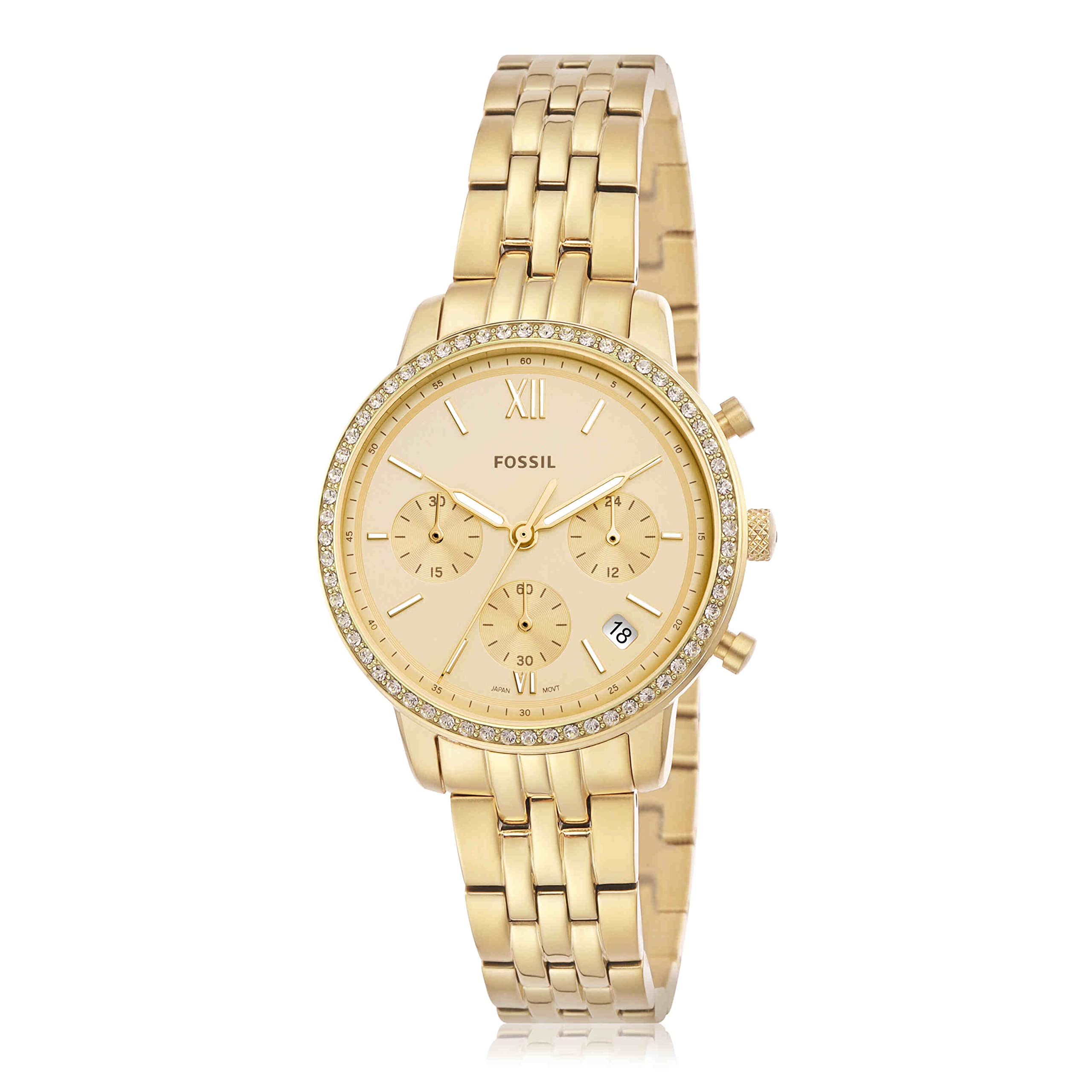 Fossil Neutra ES5219 chronograph watch at angle showing three chronograph subdials and gold case