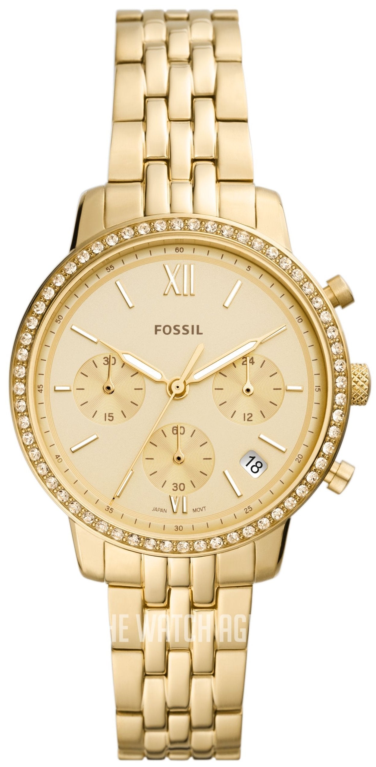 Fossil Neutra Chronograph women's watch with gold dial, crystal bezel, and gold steel bracelet