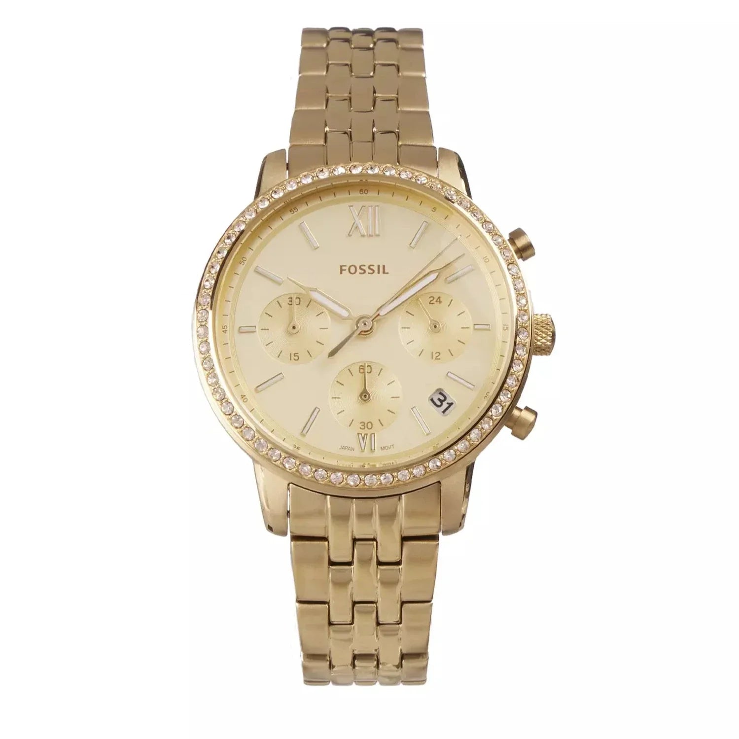 Fossil Neutra chronograph watch flat lay displaying gold champagne dial with crystal bezel