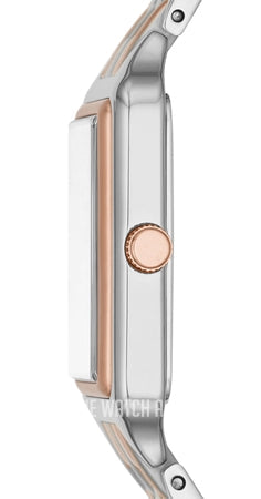 Side profile of Fossil Raquel watch showing case thickness and rose gold accent