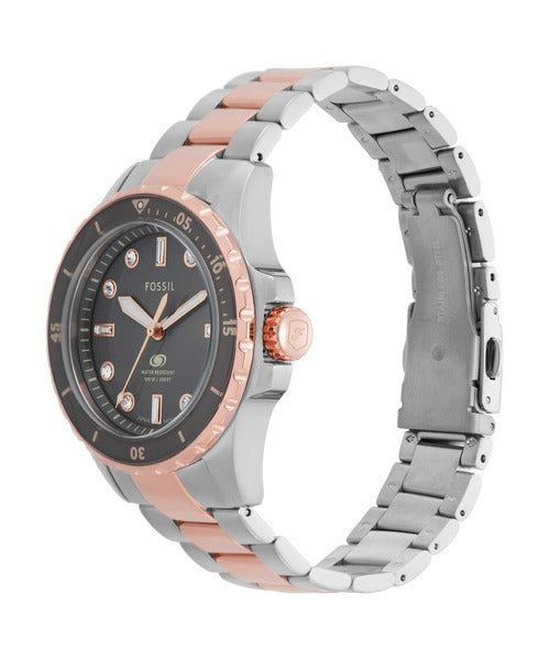 Fossil Blue Dive watch shown from angled perspective displaying two-tone bracelet and bezel