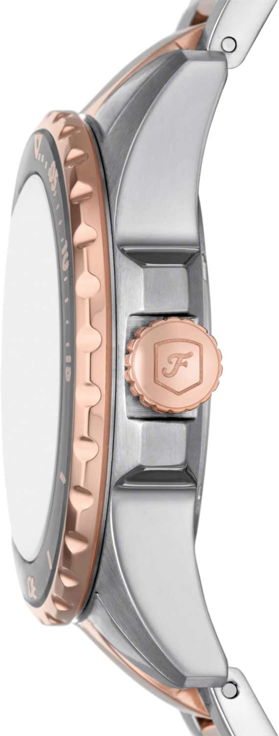Fossil Blue Dive watch side view showing case depth and two-tone link bracelet