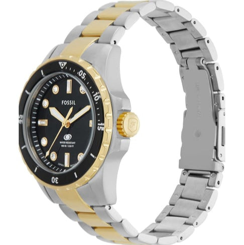 Side angle view of Fossil Blue Dive two-tone stainless steel watch on bracelet