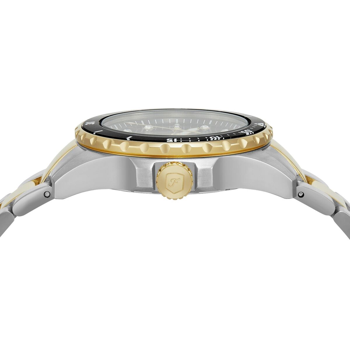 Top view of Fossil Blue Dive watch showing crown and bezel detail with two-tone finish