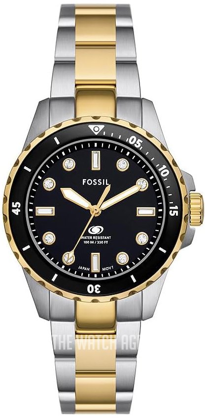 Fossil Blue Dive watch with black dial, two-tone stainless steel bracelet, and rotating dive bezel