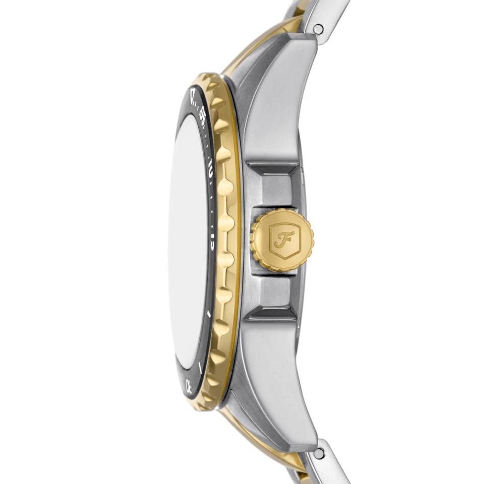 Side profile of Fossil Blue Dive watch showing two-tone bracelet and bezel design