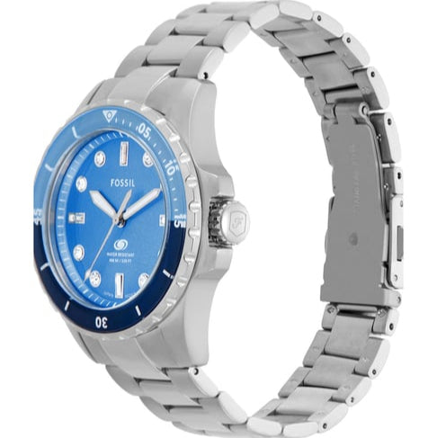 Fossil ES5353 Blue Dive watch shown from side angle with stainless steel bracelet