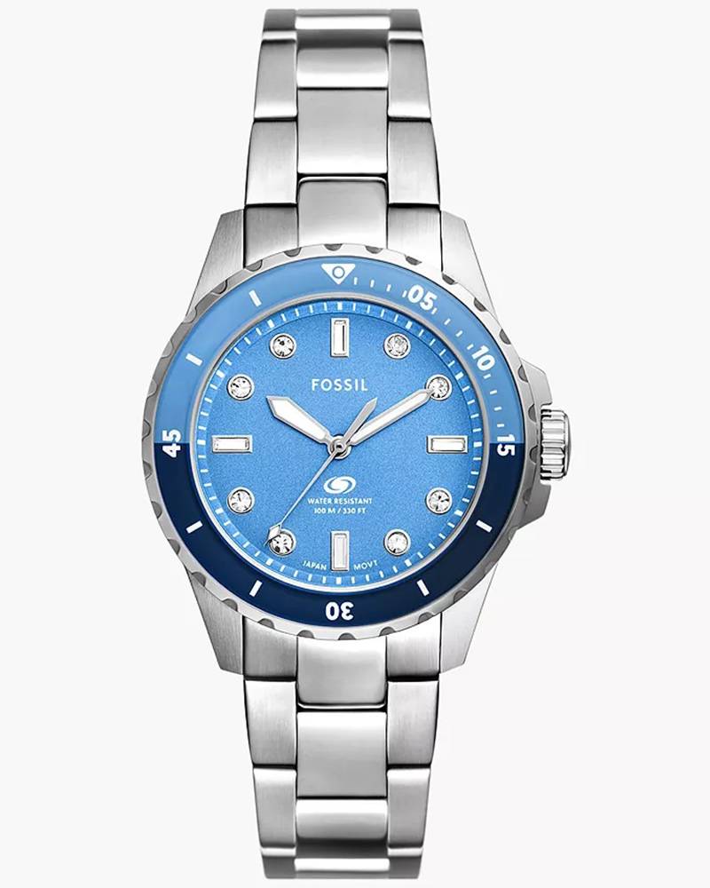 Fossil ES5353 Blue Dive stainless steel watch with three-hand dial and diamond hour markers