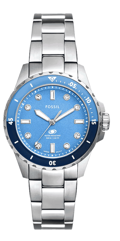Fossil ES5353 Blue Dive watch with blue dial, stainless steel bracelet and rotating bezel
