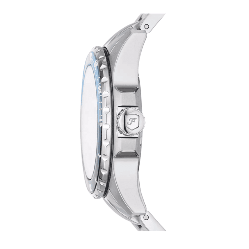 Fossil ES5353 watch profile view showing case thickness and stainless steel bracelet