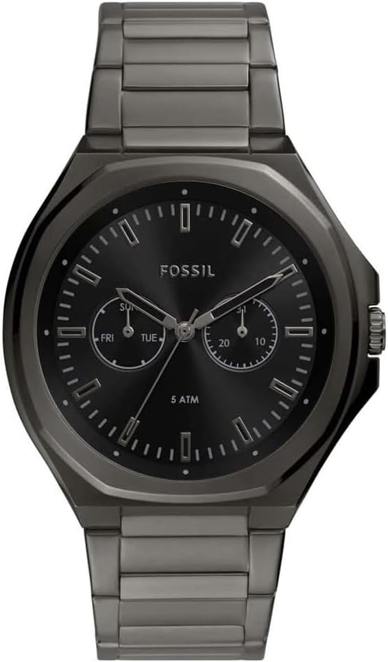 Fossil Evanston gunmetal stainless steel men's watch with black dial and chronograph subdials